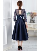 Navy Blue Semi Formal Wedding Party Dress With Sheer 3/4 Sleeves