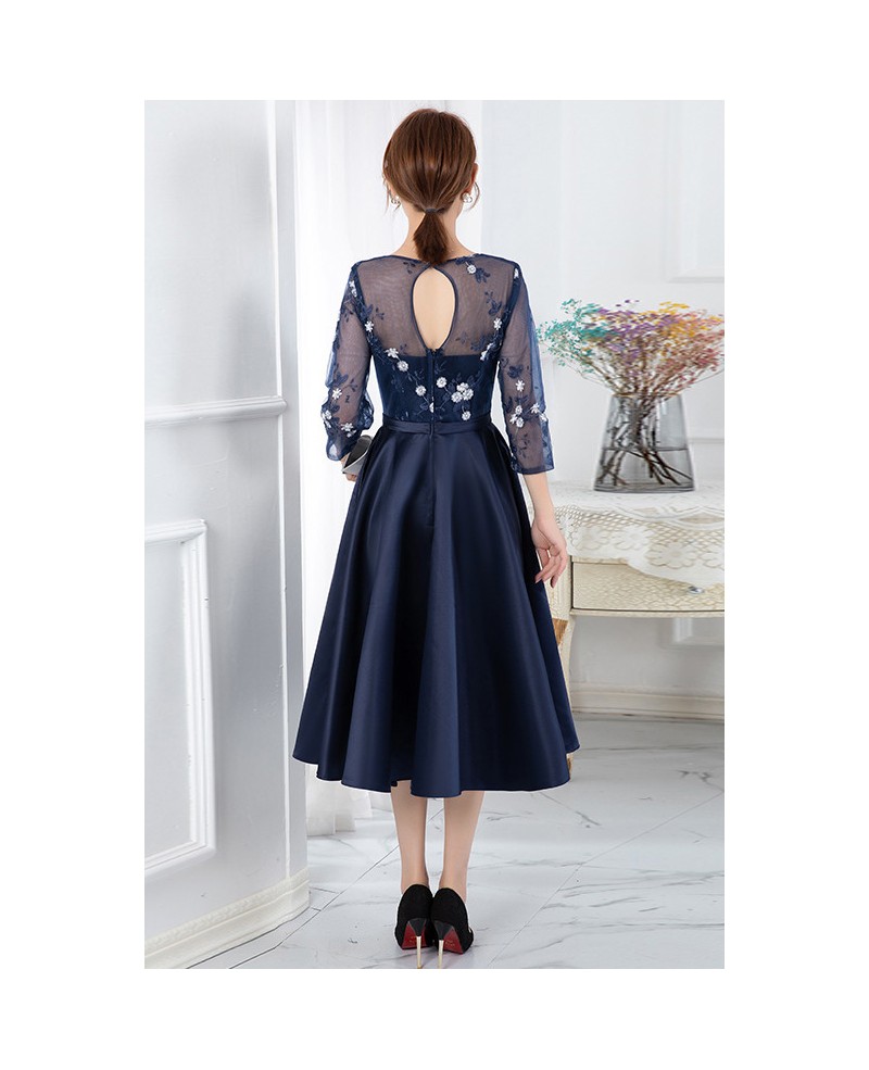 Navy Blue Semi Formal Wedding Party Dress With Sheer 3/4 Sleeves #J1643 ...