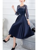 Navy Blue Semi Formal Wedding Party Dress With Sheer 3/4 Sleeves