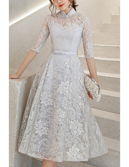 Elegant Grey Lace Tea Length Party Dress With Half Sleeves Collar