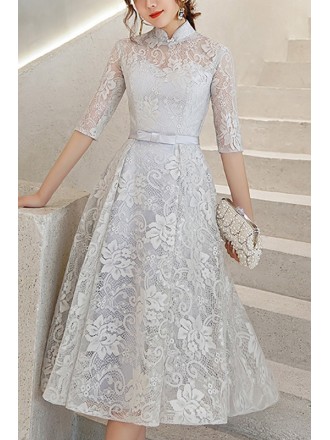 Elegant Grey Lace Tea Length Party Dress With Half Sleeves Collar