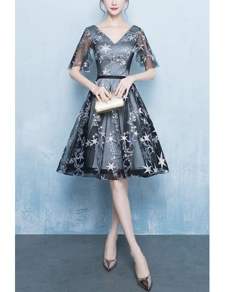 Cute Stars Short Tulle Homecoming Party Dress Vneck With Sleeves