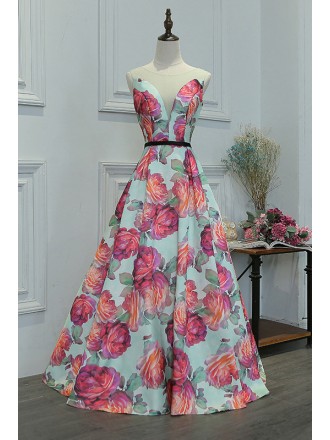 Floral Printed Long Prom Dress With Illusion Neckline