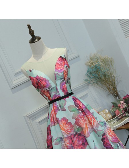 Floral Printed Long Prom Dress With Illusion Neckline