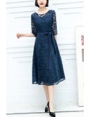 Navy Blue Lace Knee Length Wedding Party Dress With Half Sleeves