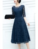 Navy Blue Lace Knee Length Wedding Party Dress With Half Sleeves