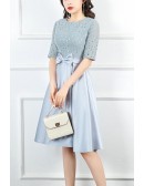 Cute Blue Knee Length Party Dress With Bow Knot Lace Sleeves