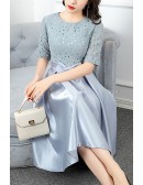 Cute Blue Knee Length Party Dress With Bow Knot Lace Sleeves