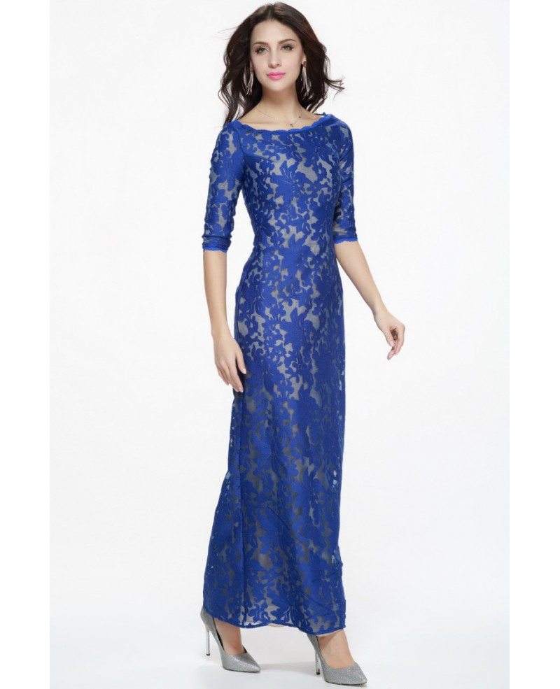 Fashionable Royal Blue Long Lace 1/2 Sleeved Dress #CK332 $92.2