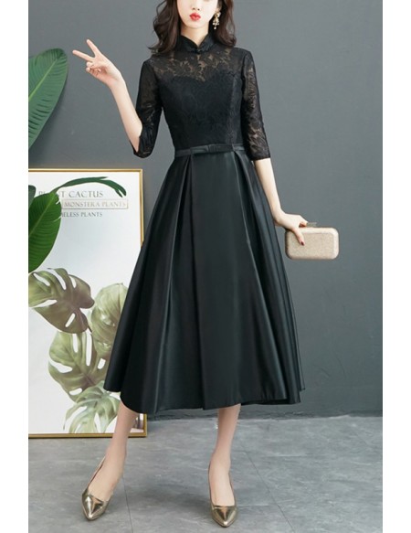 Retro Tea Length Black Satin Party Dress With Lace Half Sleeves