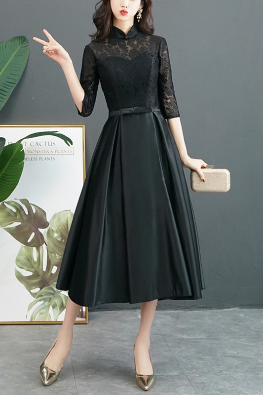 anime homecoming dress Vintage Modest Long Sleeve Wedding Dress with Pleats Simple Tea-length main image 1