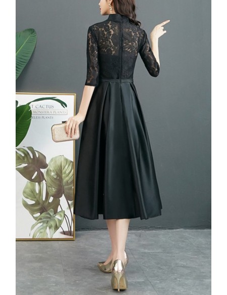 Retro Tea Length Black Satin Party Dress With Lace Half Sleeves