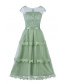 Elegant Tiered Tulle Party Dress Lace With Illusion Neckline