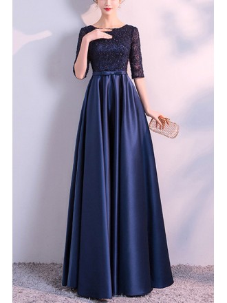 Navy Blue Long Satin Empire Formal Dress With Half Sleeves