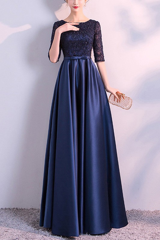 Navy Blue Long Satin Empire Formal Dress With Half Sleeves #J1720 ...