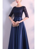 Navy Blue Long Satin Empire Formal Dress With Half Sleeves
