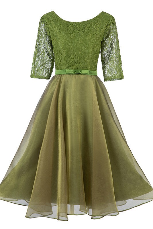 Tea Length Elegant Party Dress With Split Lace Sleeves 