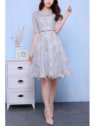 Modest Grey Appliques Homecoming Party Dress With Sleeves