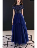 Blue Long Tulle Formal Party Dress With Sequined Short Sleeves