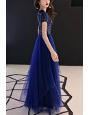 Blue Long Tulle Formal Party Dress With Sequined Short Sleeves