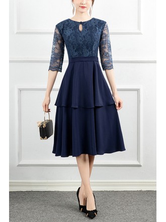 Women Navy Blue Lace Sleeved Wedding Party Dress Guests