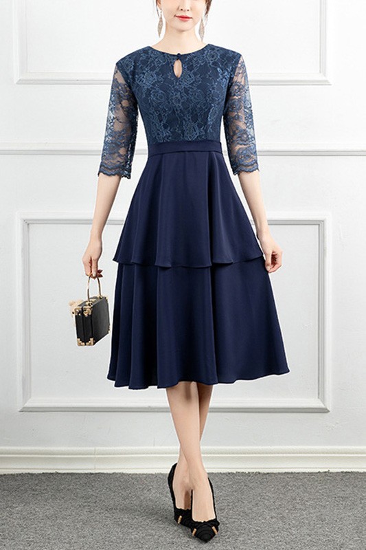 Women Navy Blue Lace Sleeved Wedding Party Dress Guests #J1653 ...