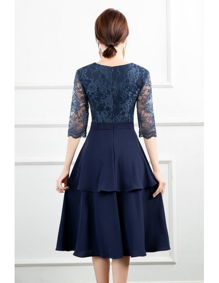 Women Navy Blue Lace Sleeved Wedding Party Dress Guests