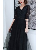 Formal Long Black Evening Dress Vneck With Lace Sleeves
