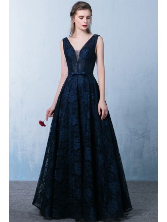 Gorgeous Vneck Lace Navy Blue Long Prom Dress Sleeveless