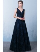 Gorgeous Vneck Lace Navy Blue Long Prom Dress Sleeveless