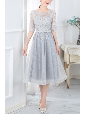 Modest Lace Tea Length Homecoming Dress With Illusion Sleeves
