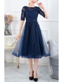 Modest Lace Tea Length Homecoming Dress With Illusion Sleeves