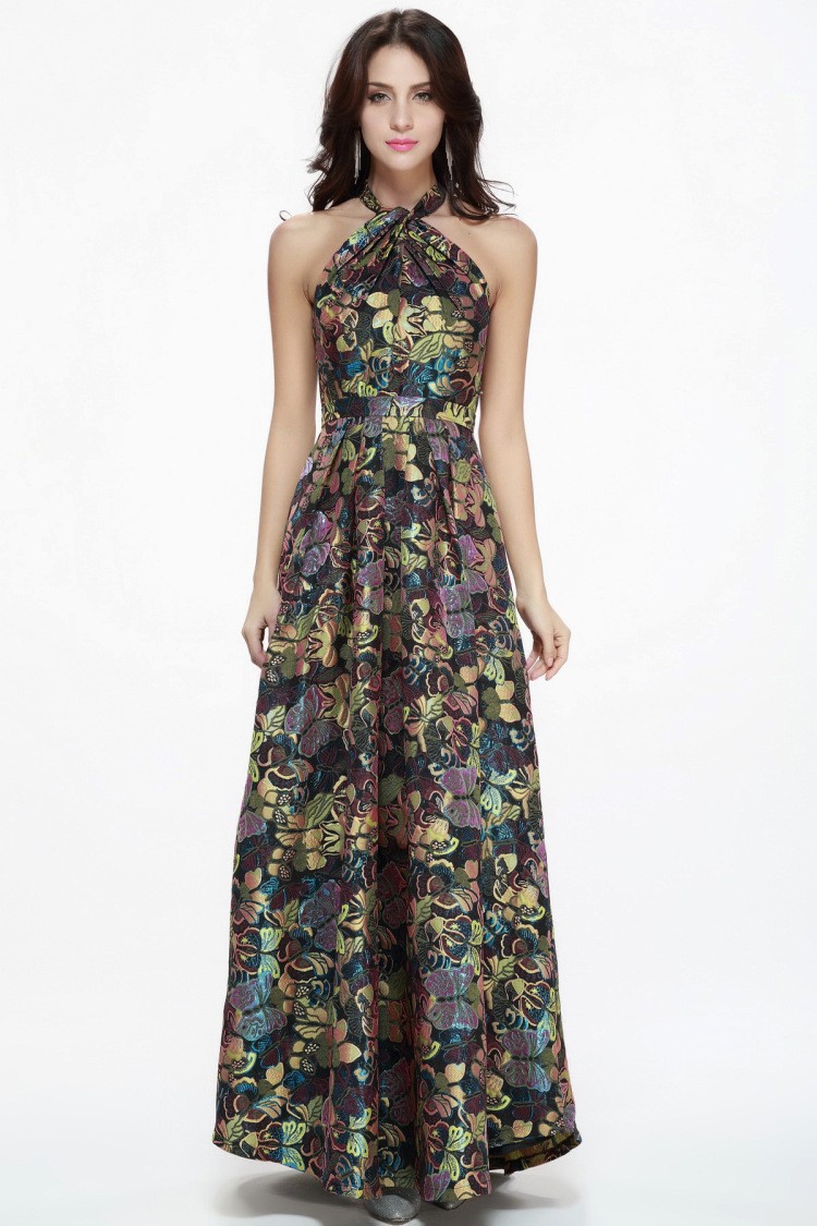 Modern High Wasit Printed Long Halter Neck Dress #CK333 $97.7 ...