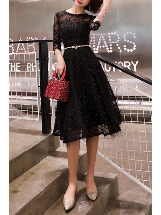 Black Knee Length Party Dress With Sheer Neck 3/4 Sleeves