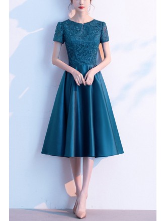 Elegant Satin Tea Length Party Dress With Lace Sleeves