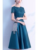 Elegant Satin Tea Length Party Dress With Lace Sleeves