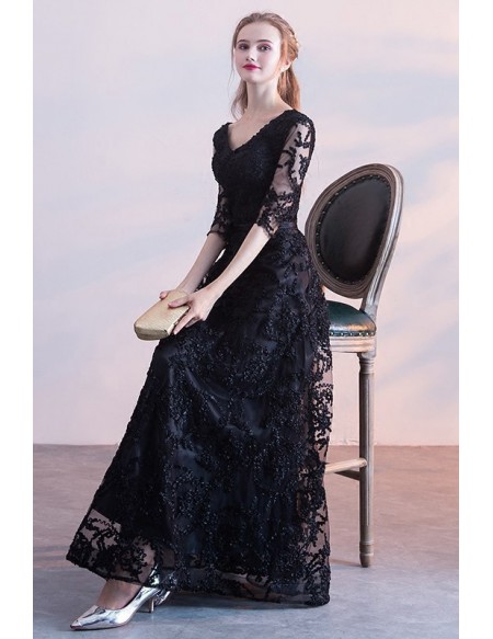 Vneck Long Black Party Dress Lace With Half Sleeves #J1755 - GemGrace.com