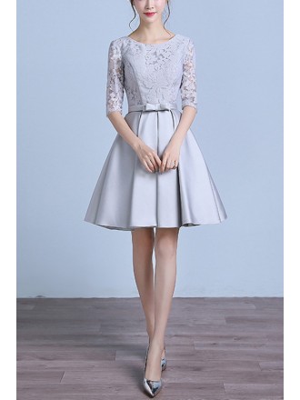 Pleated Silver Satin Short Homecoming Party Dress With Lace Sleeves