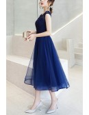 Elegant Blue Midi Tulle Party Dress With Sash