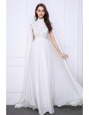 Elegant Goddess A-Line High Neck Lace Chiffon Evening Dress With Ruffle