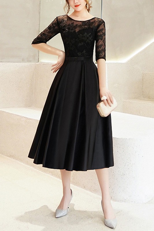 Pleated Tea Length Homecoming Dress With Illusion Lace Sleeves #J1619 ...