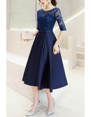 Pleated Tea Length Homecoming Dress With Illusion Lace Sleeves