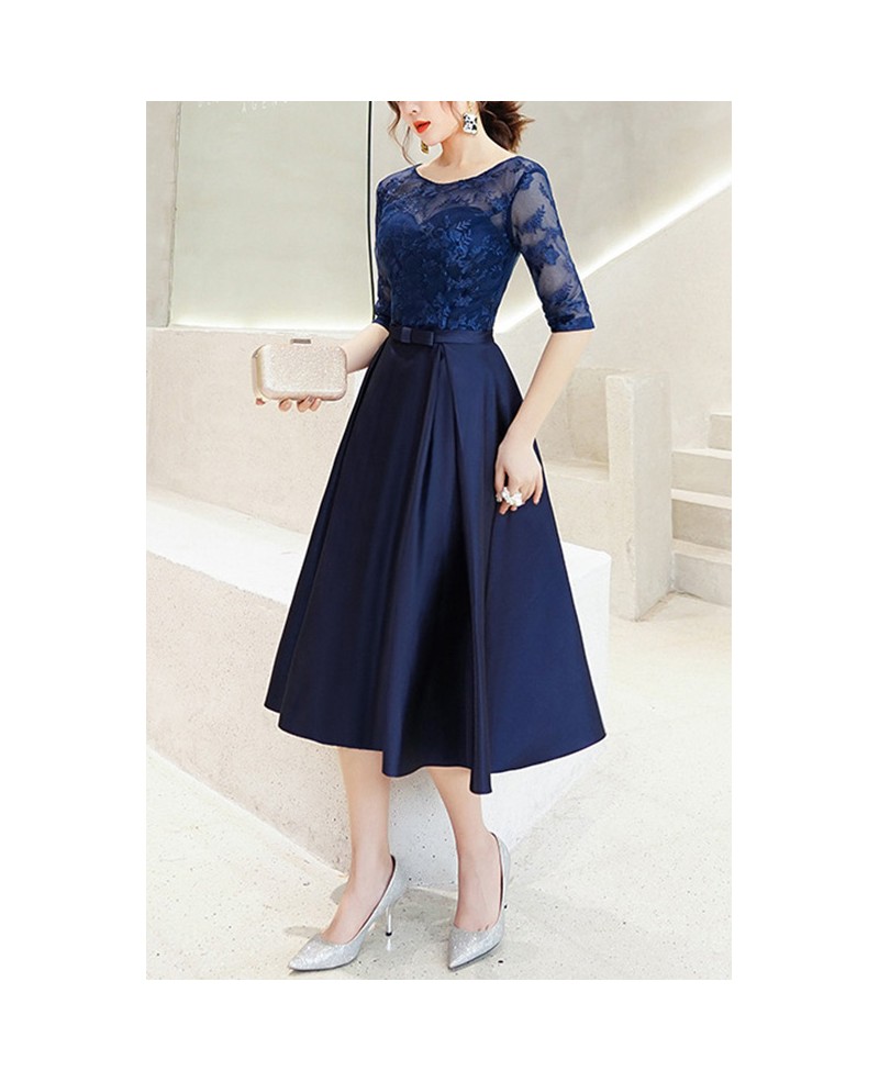 Pleated Tea Length Homecoming Dress With Illusion Lace Sleeves #J1619 ...
