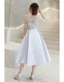 Pleated Tea Length Homecoming Dress With Illusion Lace Sleeves