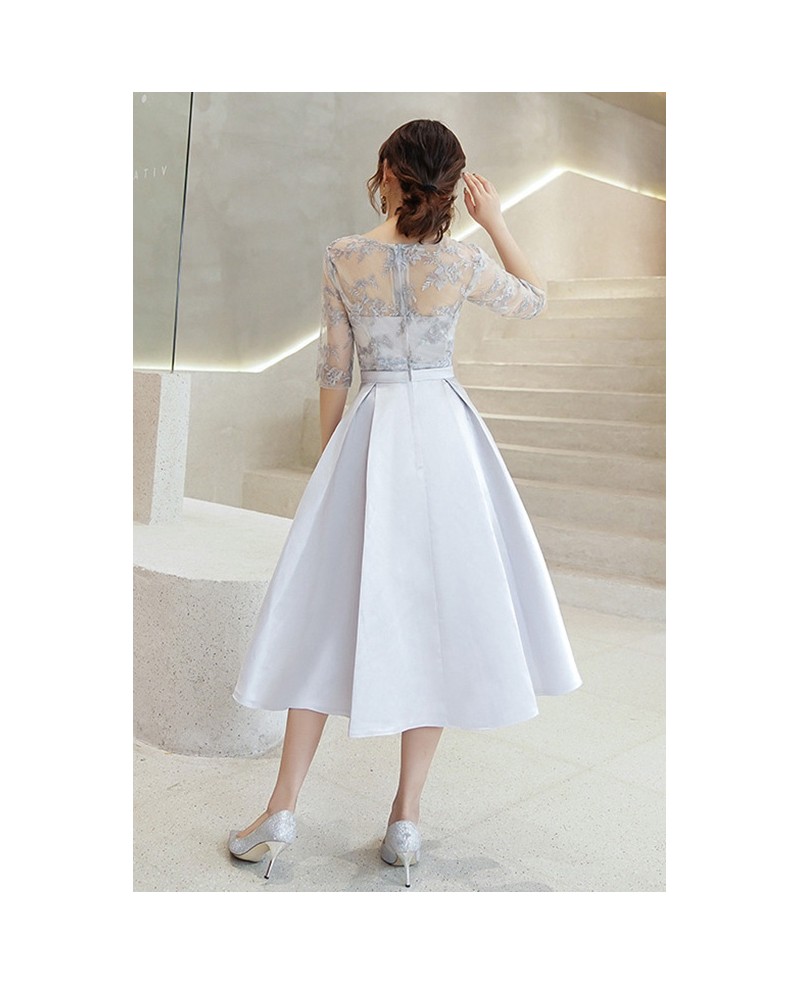 Pleated Tea Length Homecoming Dress With Illusion Lace Sleeves #J1619 ...