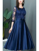 Elegant Navy Blue Satin Party Dress With Sheer Lace Sleeves