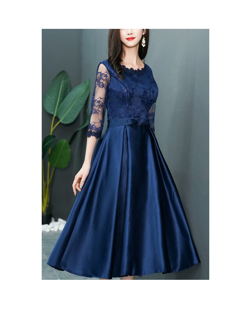 Elegant Navy Blue Satin Party Dress With Sheer Lace Sleeves #J1729 ...