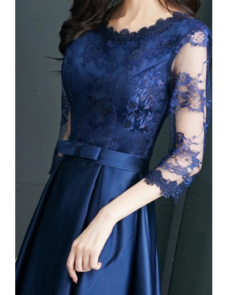 Elegant Navy Blue Satin Party Dress With Sheer Lace Sleeves