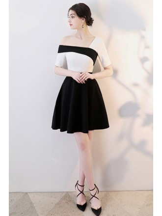 Chic Black And White Short Homecoming Party Dress With Asymmetrical Sleeves
