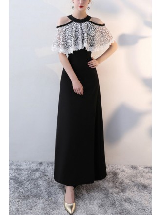 Long Black With White Lace Elegant Party Dress Cold Shoulder